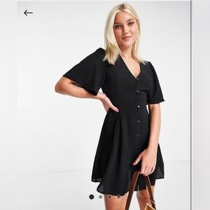 ASOS DESIGN button through tie back mini tea dress with angel sleeve in black